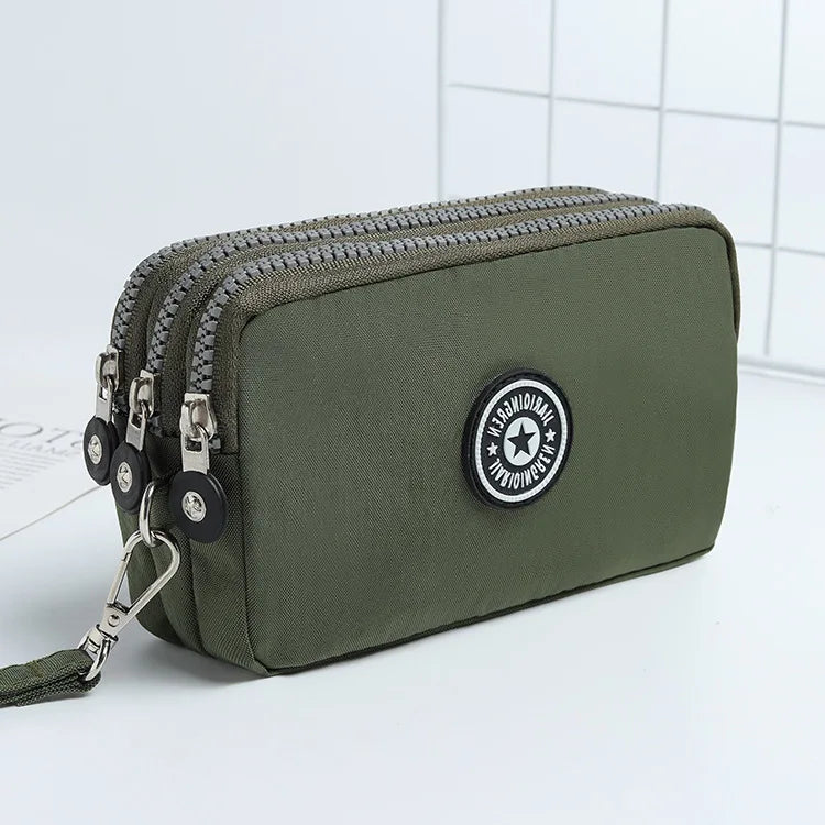 Chic Nylon Triple Zipper Wristlet Clutch Durable Multi-Pocket Design