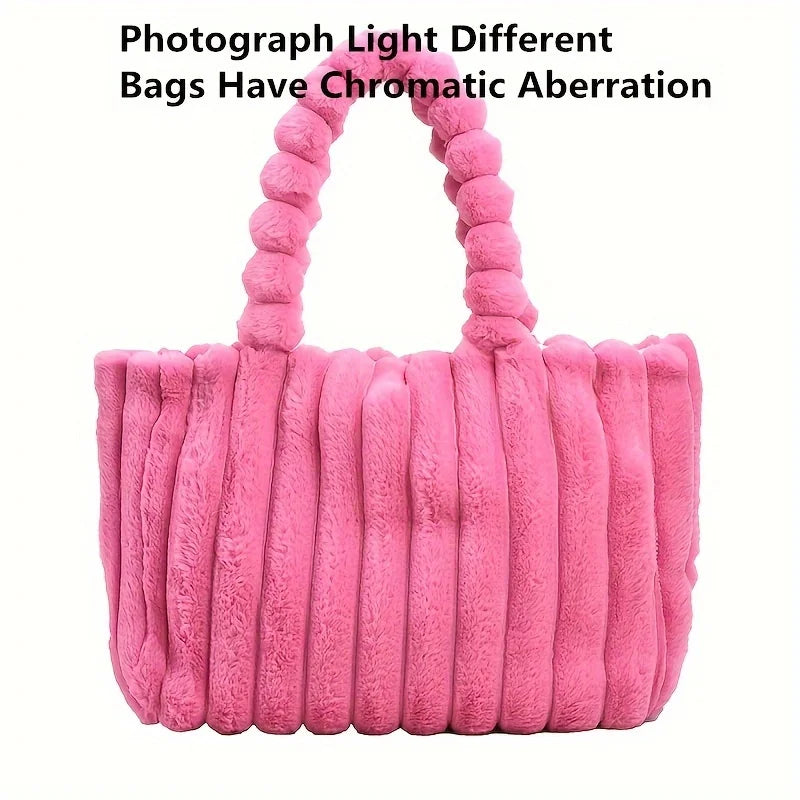 Large Capacity Plush Tote Bag Stiped Faux Fur Shoulder Bag - Soft