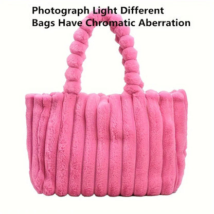 Large Capacity Plush Tote Bag Stiped Faux Fur Shoulder Bag - Soft