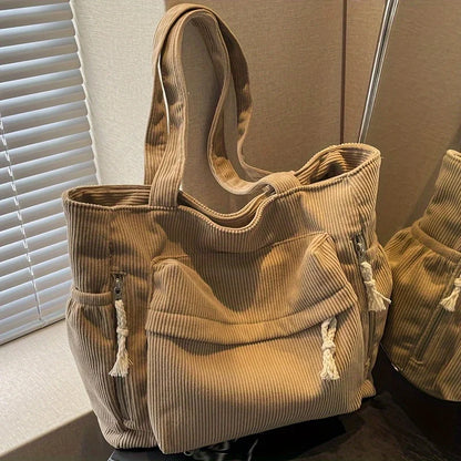 Corduroy Tote Bag Multiple Pockets Casual Chic Handbag Women Shoulder Bags Woman Perfect Shopping
