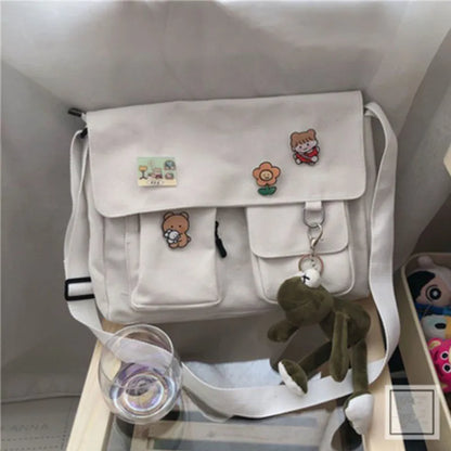 Harajuku Canvas Crossbody Bag with Cute Badge Pins