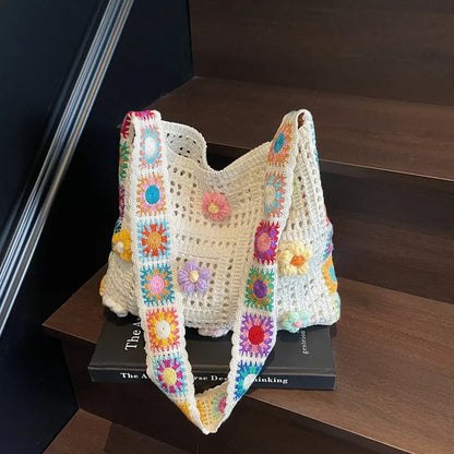 Boho Crochet Flower Tote Bag – Hollow Knit Shoulder Bag