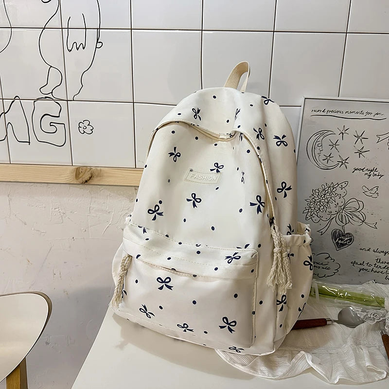 Women S Backpack - Bow Dot Print Nylon School Bag Adjustable Straps Multiple Compartments College