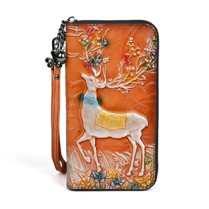 Top Layer Cowhide Coin Purse Deer-Head Embossed Multi-Position