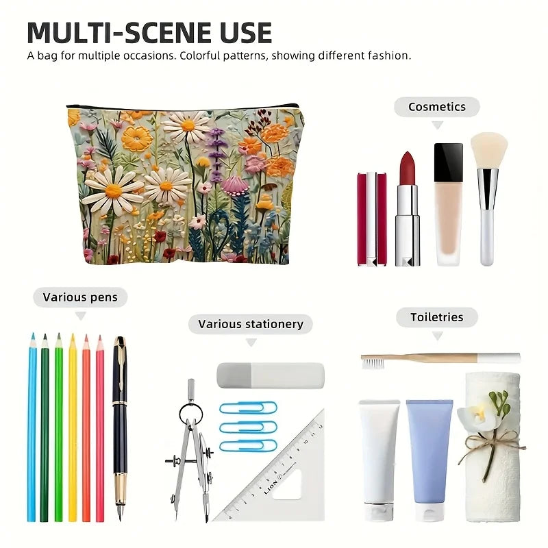 Floral Canvas Makeup Bag Zipper Pouch Lining Daisy Wildflower Toiletries Organizer Perfect Gifts