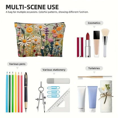 Floral Canvas Makeup Bag Zipper Pouch Lining Daisy Wildflower Toiletries Organizer Perfect Gifts