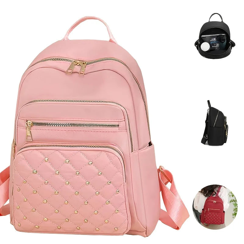 Quilted Studded Women Backpack Multi Zipper Pocket Adjustable Wide Shoulder Strap Lightweight Casual