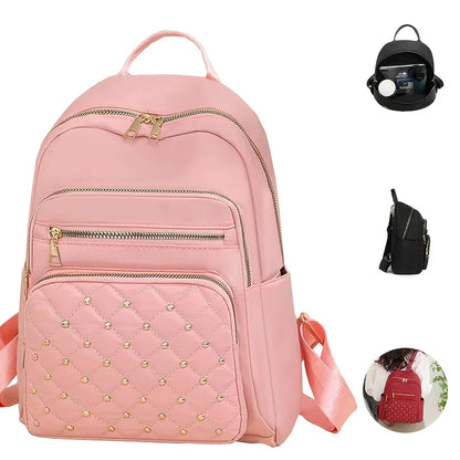Quilted Studded Women Backpack Multi Zipper Pocket Adjustable Wide Shoulder Strap Lightweight Casual