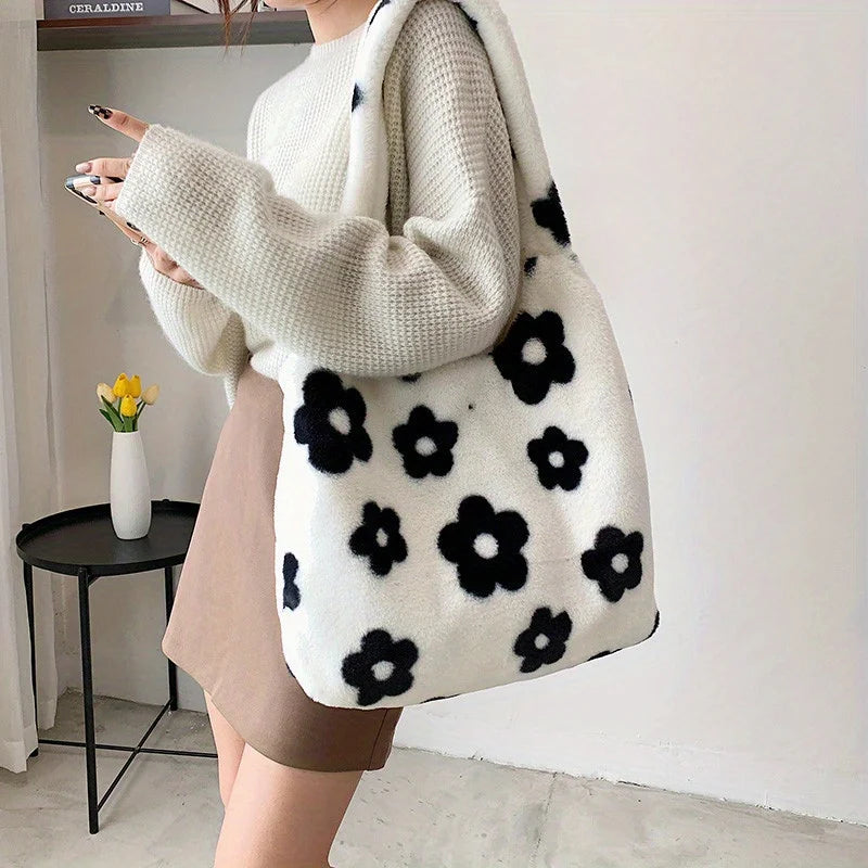 Chic Floral Faux Fur Tote Bag - Soft Plush Shoulder Handbag Women - Soft
