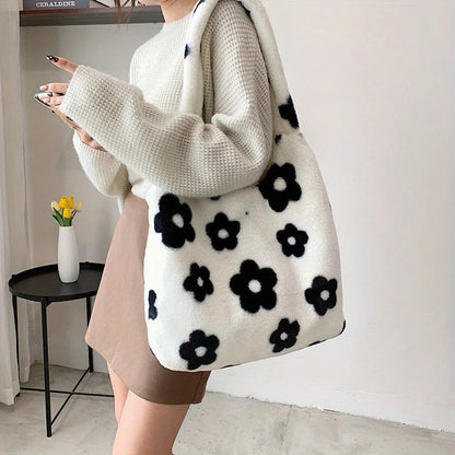 Chic Floral Faux Fur Tote Bag - Soft Plush Shoulder Handbag Women - Soft