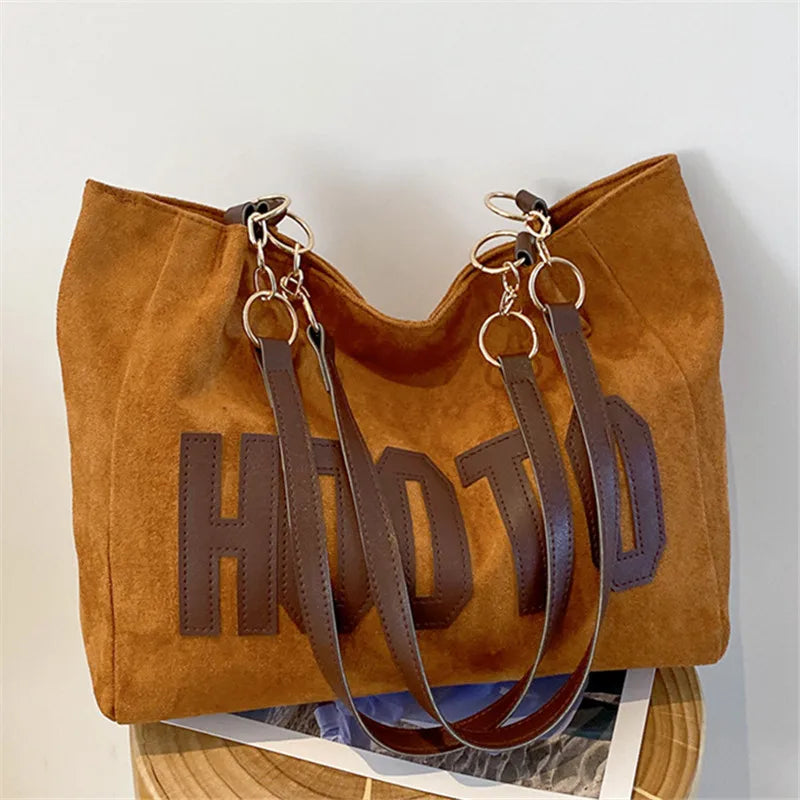 Letter Patch Suede Tote Bag – Vintage Women's Shoulder Handbag with Zipper