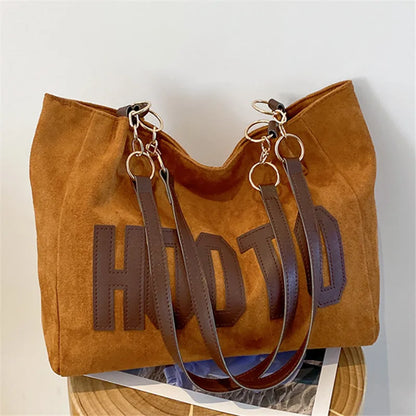 Letter Patch Suede Tote Bag – Vintage Women's Shoulder Handbag with Zipper