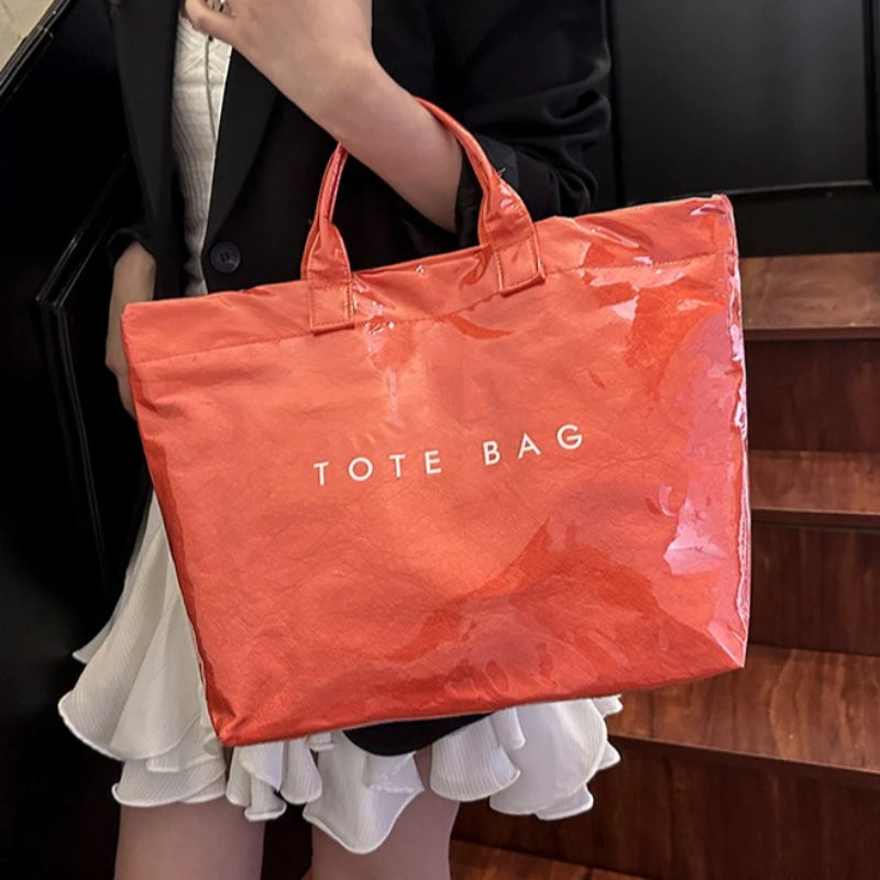 Waterproof Glossy Tote Bag with Letter Print & Double Handles