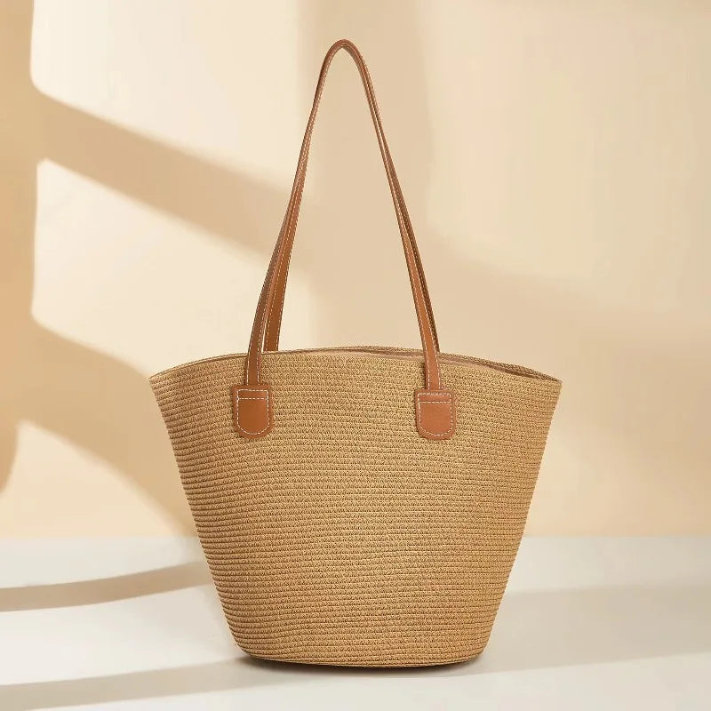 Striped Straw Tote Bag Leather Handles Large Capacity Summer Beach Casual Daily Shoulder Bag Women