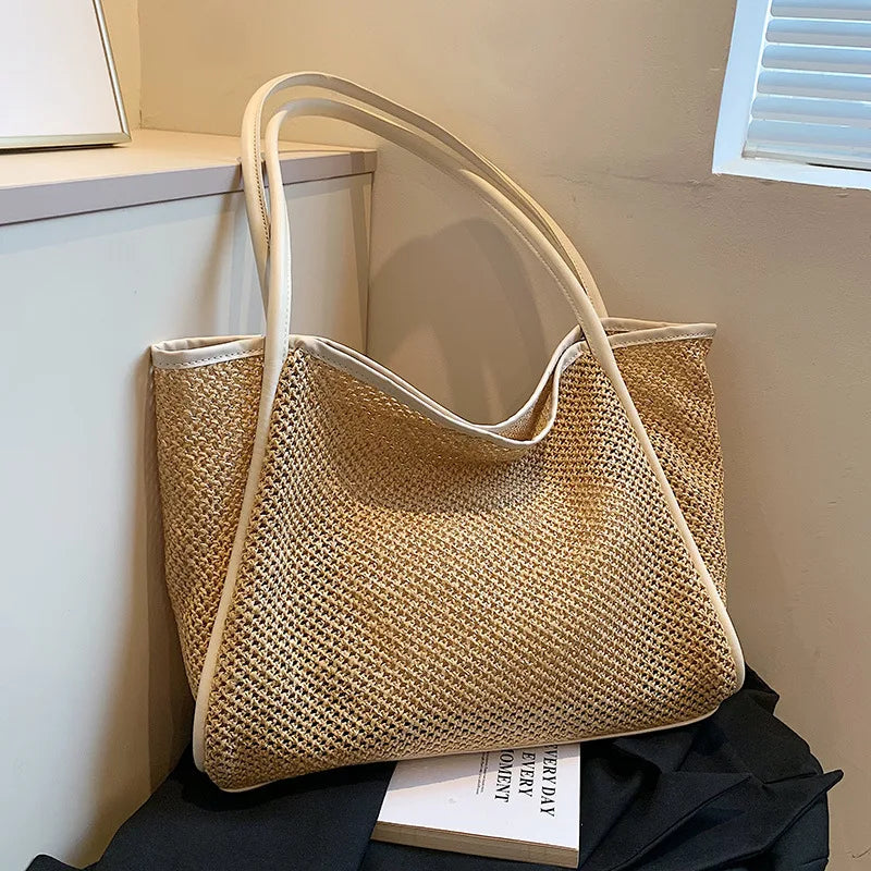 Women Summer Straw Woven Tote Bag Small Pouch Pu Trim Large Capacity Shoulder Handbags