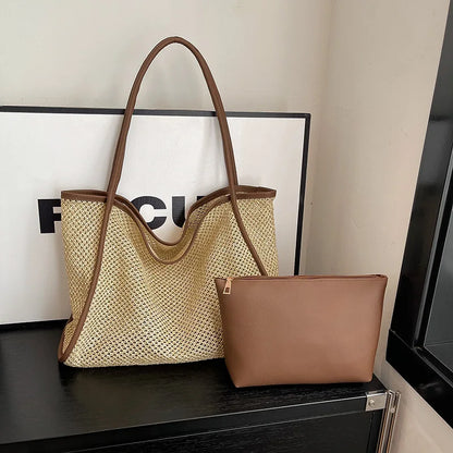 Women Summer Straw Woven Tote Bag Small Pouch Pu Trim Large Capacity Shoulder Handbags
