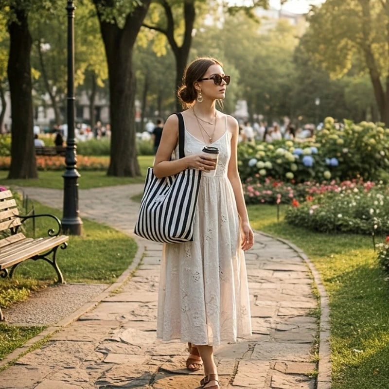 Striped Canvas Tote Bag – Large Capacity Shoulder Bag for Women