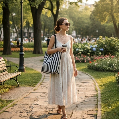 Striped Canvas Tote Bag – Large Capacity Shoulder Bag for Women