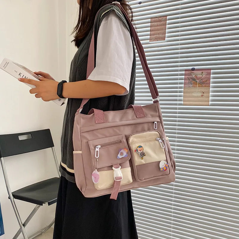 Canvas Crossbody Tote Bag Multi-Pocket Shoulder Bag