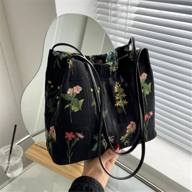 Floral Embroidered Canvas Tote Bag – Women's Bucket Shoulder Bag