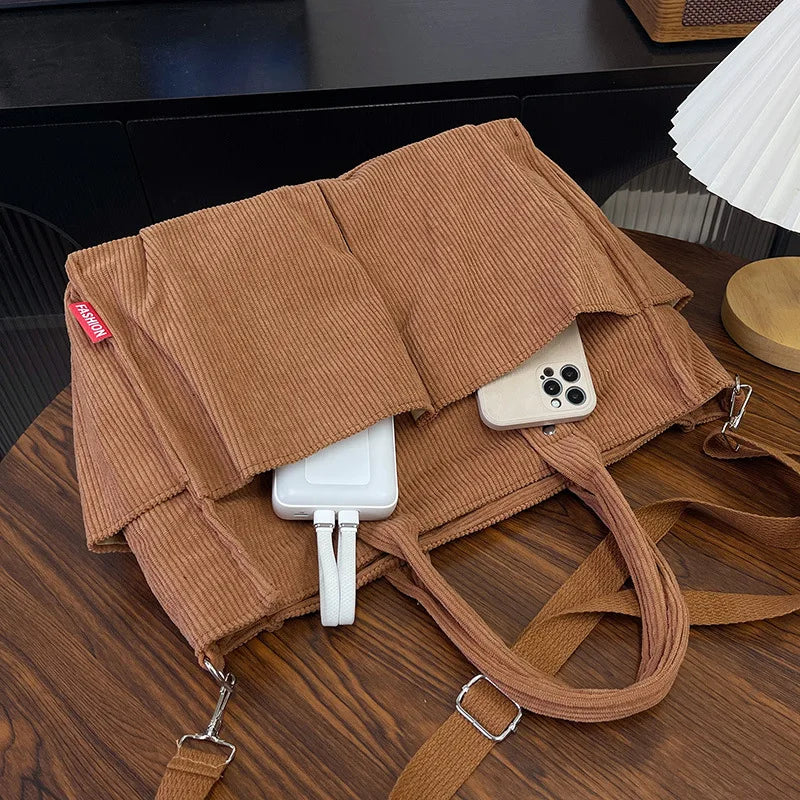 Corduroy Tote Bag – Large Shoulder Bag with Multi-Pocket