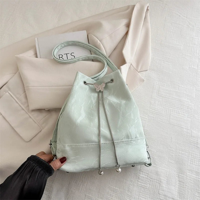 Drawstring Tote Bag Butterfly Pearl Convertible 2-In-1 Backpack Single Shoulder Purse - Soft