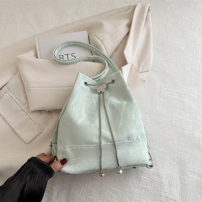 Drawstring Tote Bag Butterfly Pearl Convertible 2-In-1 Backpack Single Shoulder Purse - Soft
