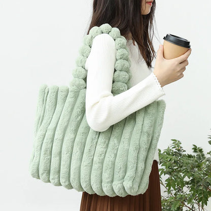 Large Capacity Plush Tote Bag Stiped Faux Fur Shoulder Bag - Soft