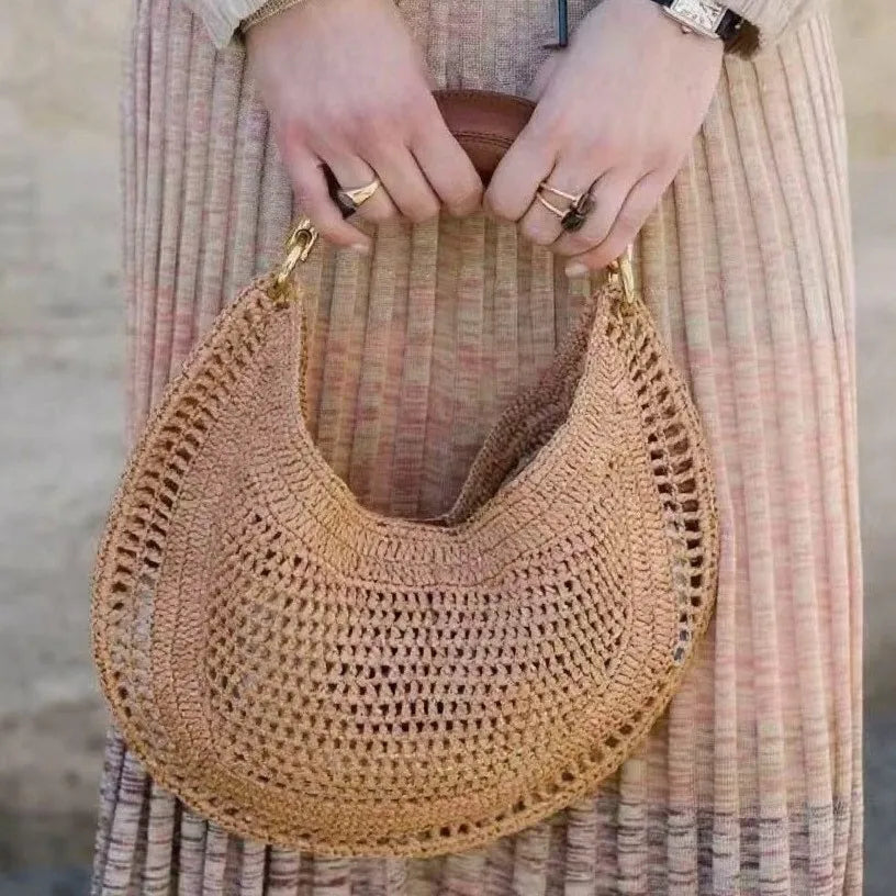 Popular Straw Crescent Bag Woven Tote Pu Leather Handle