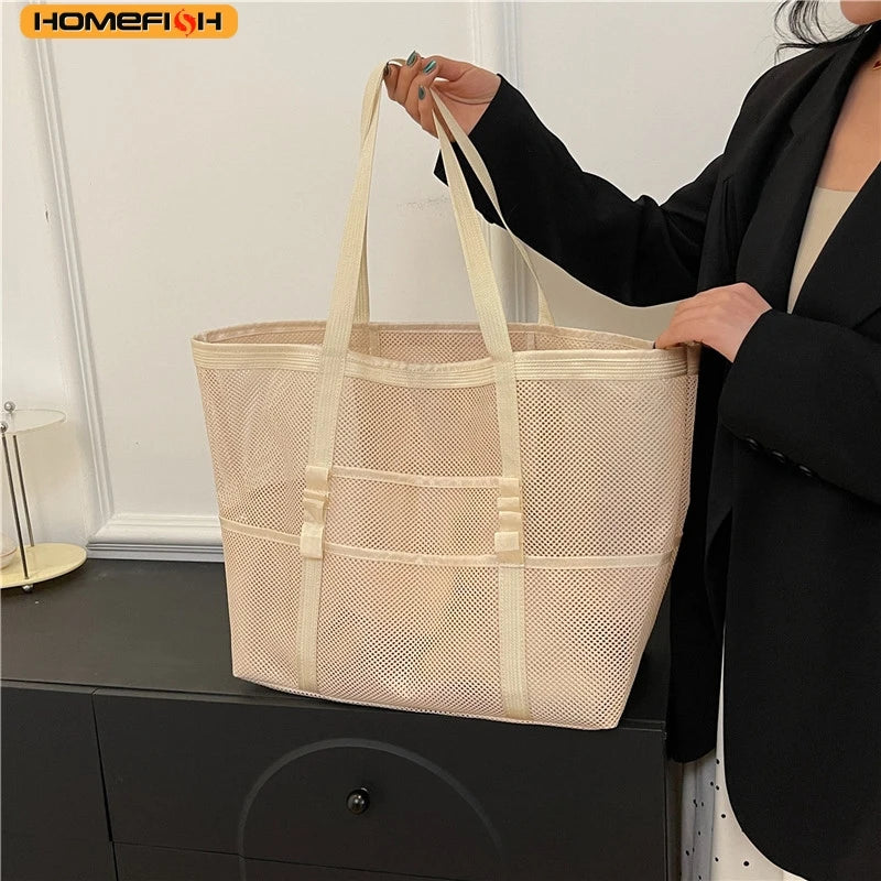 Homefish Durable Mesh Beach Tote Bag Multipocket Waterproof Beach Bag Underwear Pocket Summer Towels