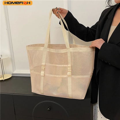 Homefish Durable Mesh Beach Tote Bag Multipocket Waterproof Beach Bag Underwear Pocket Summer Towels
