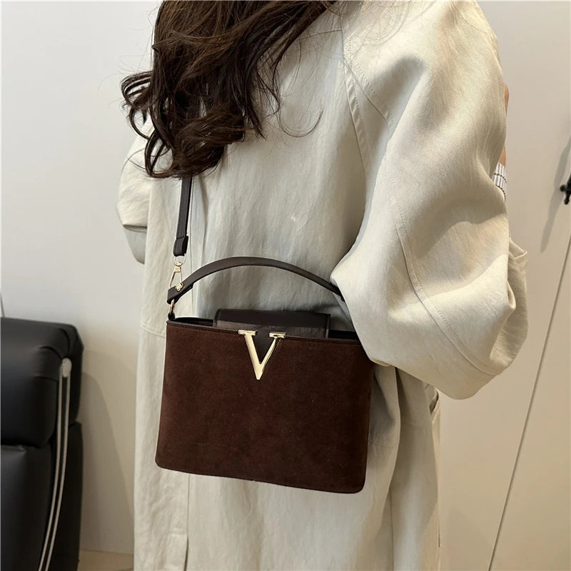 Mini Suede Crossbody Bag for Women – Faux Suede Handbag with Gold V Clasp