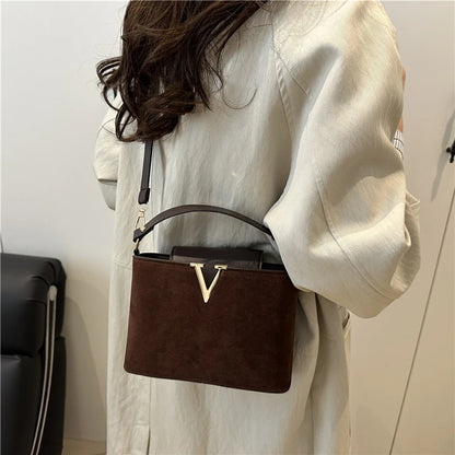 Mini Suede Crossbody Bag for Women – Faux Suede Handbag with Gold V Clasp