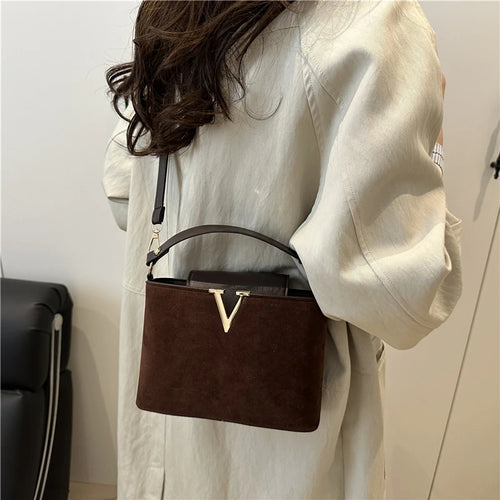 Mini Suede Crossbody Bag for Women – Faux Suede Handbag with Gold V Clasp