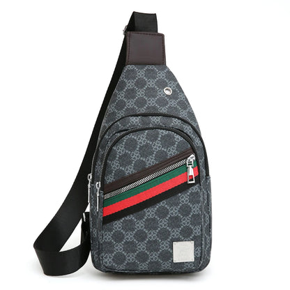 Sporty Functional Chest Bag Men Women Geometric Print Multi-Pocket Pu Headphone Port Shoulder