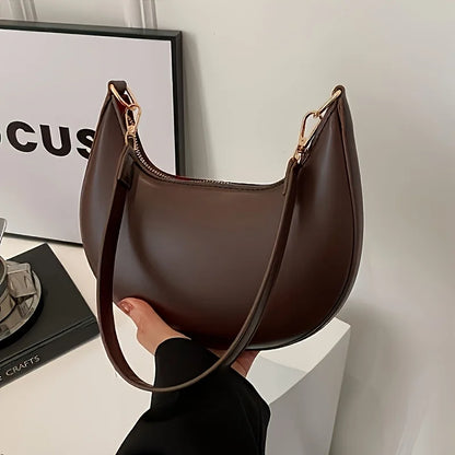 Vintage Tote Bag – Retro Half Moon PU Leather Shoulder Handbag with Detachable Strap