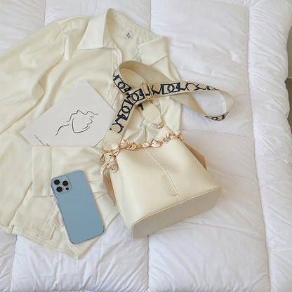 Women Bucket Bag Solid Color Pu Silk Scarf Chain Handbag Large Capacity Adjustable Strap Crossbody