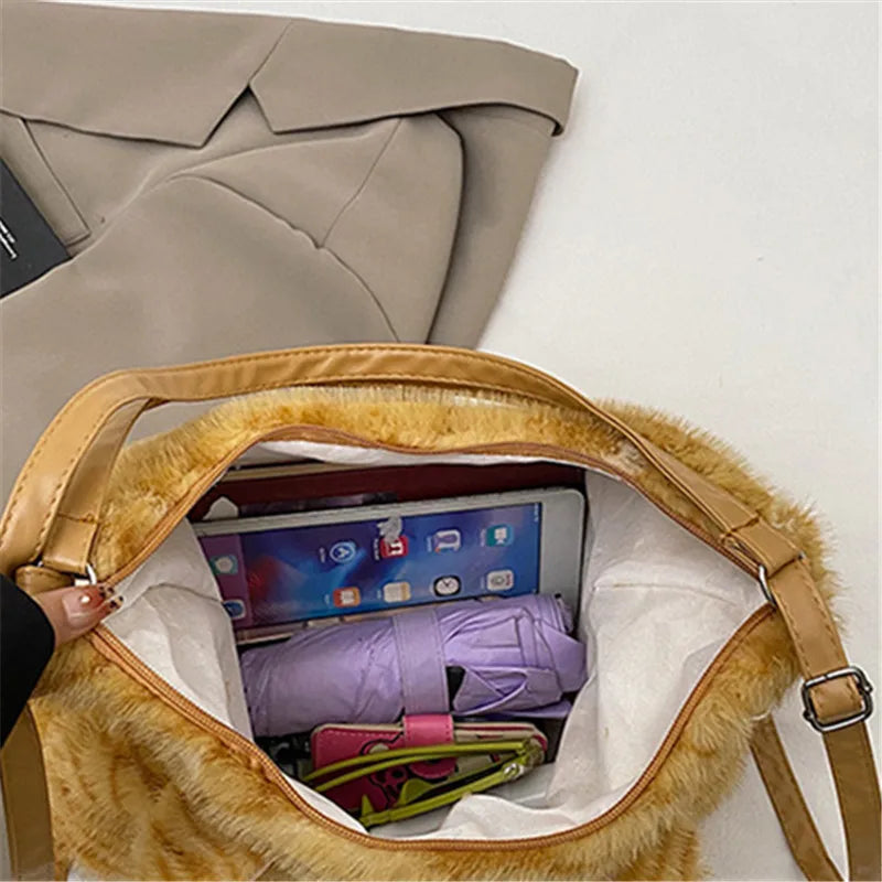 Korean Style Plush Cute Cat Underarm Bag Women Winter Handbag Shoulder