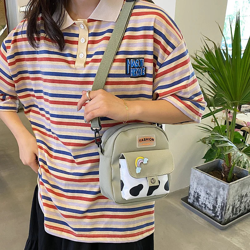 Stylish Cow Print Minimalist Crossbody Bag Lightweight Casual Shoulder Purse Rainbow Pin Students