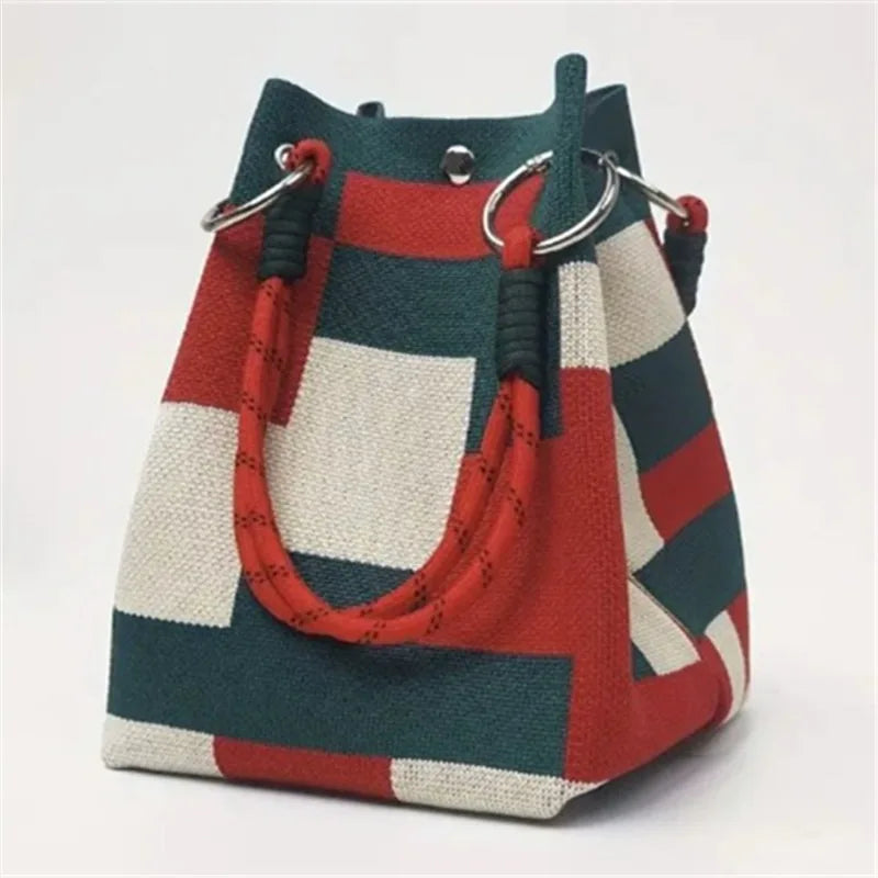 Stylish Striped Handbag Shoulder Bag Canvas Bucket Storage Tote Bags Women Casual Outings