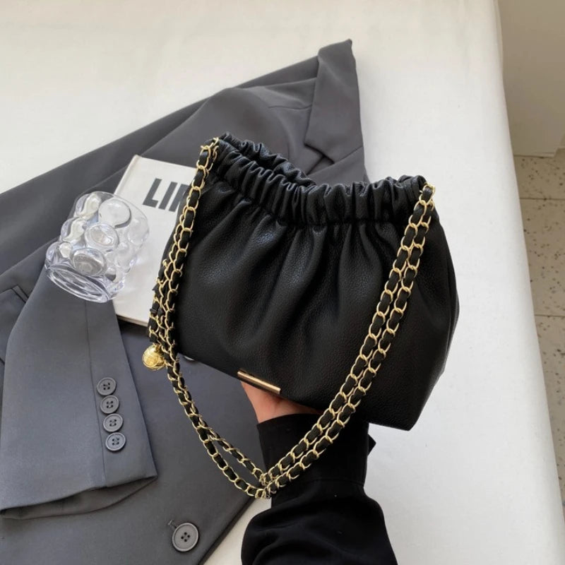 Ruched Woman Crossbody Bags Cute Fluffy Monster Bag Charm Two Tone Metal Chain Strap Faux Leather