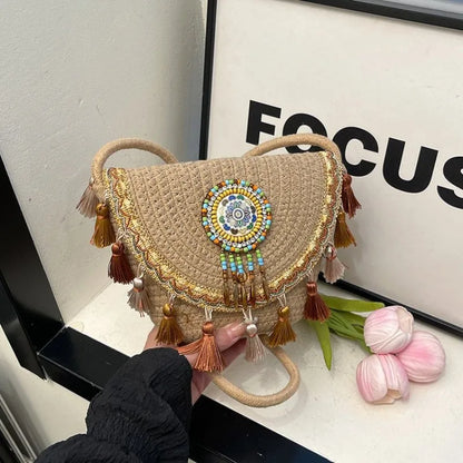 Bohemian Woven Crossbody Bag with Colorful Bead & Tassel