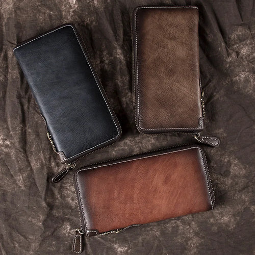 Vintage Men S Wallet Long Zipper Genuine Leather Hand-Held Multi-Functional Cowhide