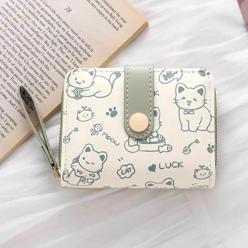 Cute Cat Print Wallet Women Tri-Fold Snap Closure Card Holder Purse