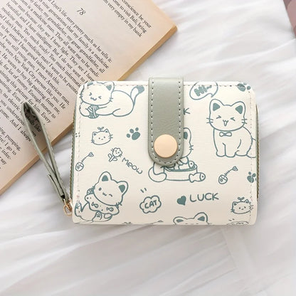 Cute Cat Print Wallet Women Tri-Fold Snap Closure Card Holder Purse