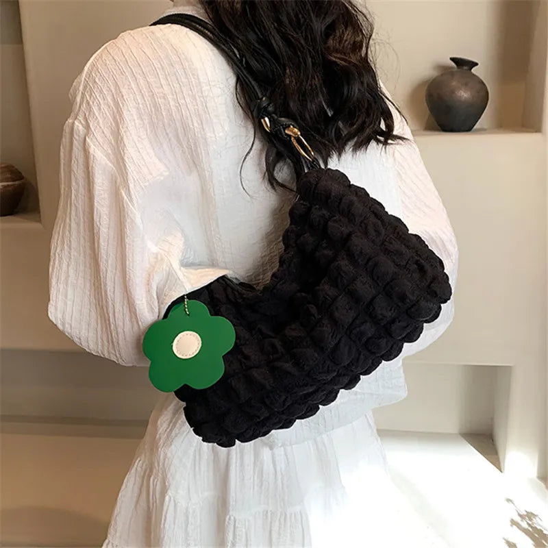 Bubble Quilted Shoulder Bag with Knotted Strap & Flower Charm