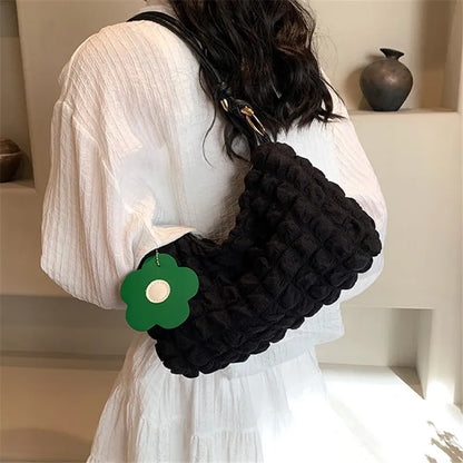 Bubble Quilted Shoulder Bag with Knotted Strap & Flower Charm