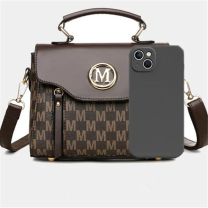 PU Leather Handbag – Vintage Monogram Shoulder Bag with Gold M Logo