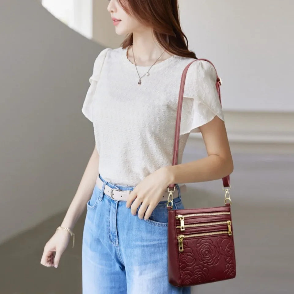 Triple Zipper Crossbody Bag – Floral Embossed Leather Shoulder Bag