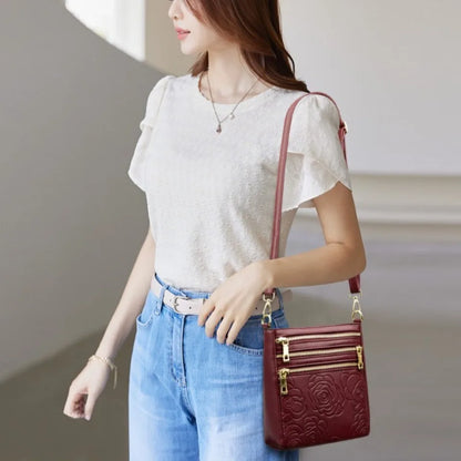 Triple Zipper Crossbody Bag – Floral Embossed Leather Shoulder Bag